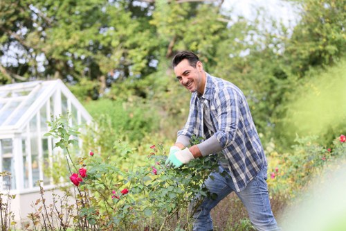 A man with dark hair and a bright smile is working in a well-maintained garden in Camden Town, London, during daytime with clear weather. He is wearing a blue and white checked shirt, blue jeans, and gardening gloves, and is tending to a nearby flower bed filled with pink roses and green foliage. The garden features a lush, dense hedge in the background, along with various flowering plants and shrubs, contributing to a vibrant, colourful outdoor space. To the left of the man, there is a small greenhouse with white framing, adding a structured element to the garden layout. The lawn area in the foreground has neatly trimmed grass, bordered by soil beds and paving stones, indicating careful landscaping and outdoor maintenance typical of professional gardening services in Camden Town. The natural lighting highlights the healthy plant growth and the inviting atmosphere of the landscaped yard, which showcases elements of garden design and maintenance relevant to local landscaping expertise.