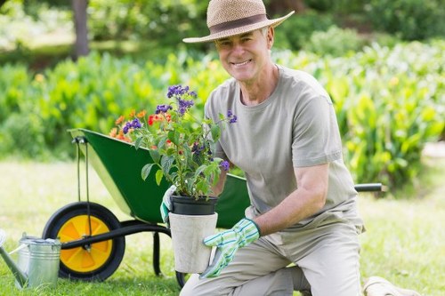 A smiling older man wearing a wide-brimmed straw hat, a light grey t-shirt, and gardening gloves is kneeling on a well-maintained lawn in an outdoor garden. He is holding a small potted plant with purple and red flowers and green leaves, demonstrating care and attention to the garden's plantings. Behind him, there is a green garden wheelbarrow with a large yellow wheel, containing a watering can and other gardening tools, positioned on a neatly trimmed grass area. The background features lush green foliage, including a hedge or shrubbery, with tall trees providing a natural backdrop. The garden environment appears bright and sunny, with natural light illuminating the scene, suggesting a pleasant day suited for outdoor gardening activities. This setting exemplifies professional gardening and landscaping care, highlighting the healthy grass, variety of flowering plants, and clean outdoor space associated with services offered by companies like Landscapers Camden Town in the local area.